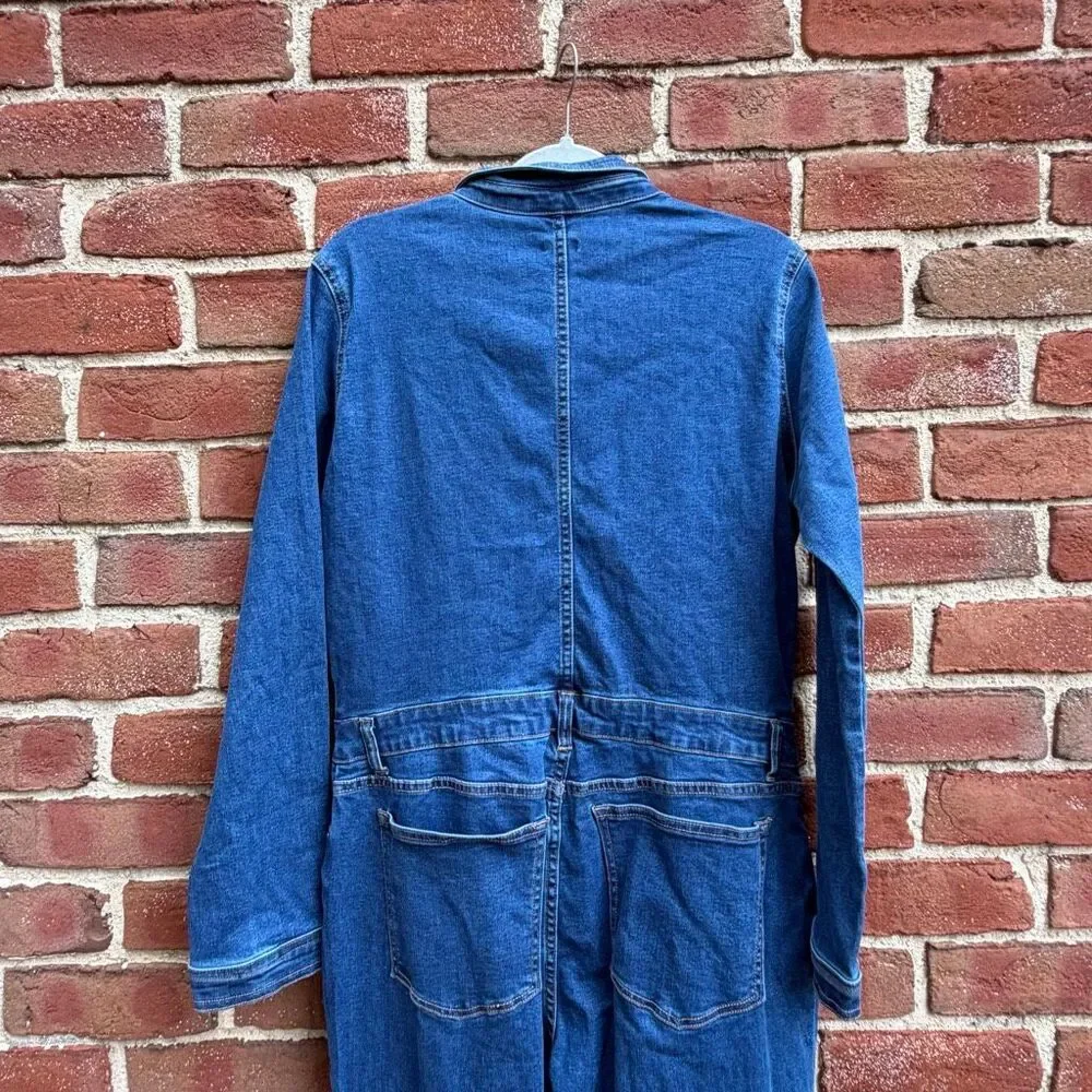 Express Stretch Denim Long Sleeve Button Front Wide Leg Jumpsuit Blue L NEW - Picture 10 of 16